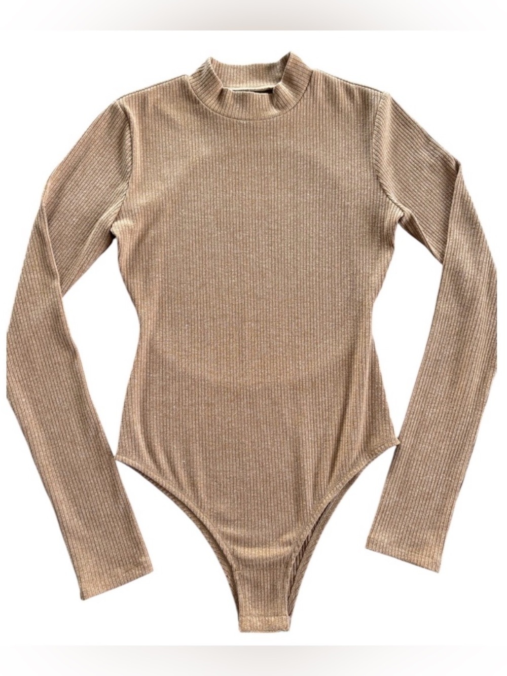 Reformation Lorna Ribbed Open Back Mock Neck Bodysuit S Camel